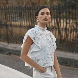 Anthropologie Lainie Blouse White Lace Cutwork Flutter Sleeve Linen Top XL NWT